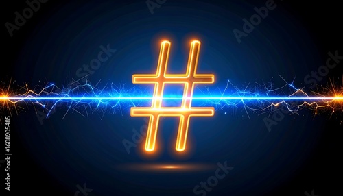 Glowing hashtag symbol with electric effects