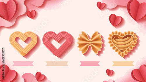 Four Heart Shaped Pasta Illustrations Pink Peach Gold Colors Valentines Day Design Romantic Food Theme Vector Graphic