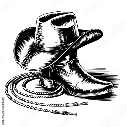 Vector Illustration Frame from rope lasso with cowboy boots and hat in engraving style. Design element for sign, poster, card, banner