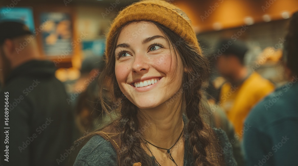 Obraz premium Smiling Young Woman in Cozy Coffee Shop Engaging with Friends