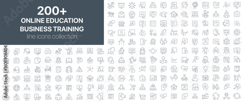 Online education and business training line icons collection. Set of outline icons related to digital learning, online courses, business webinars, virtual education, and corporate training programs