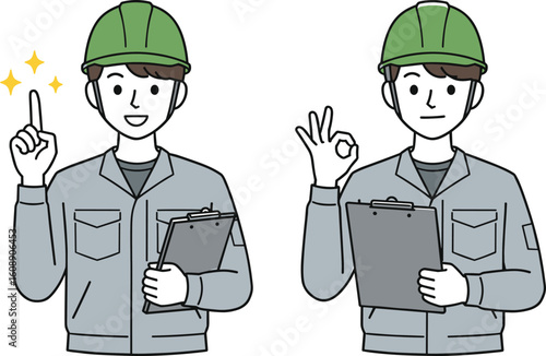Cartoon Construction Workers with Safety Helmets Holding Clipboards, Showing Idea and Okay Gestures for Teamwork, Inspection, and Communication
