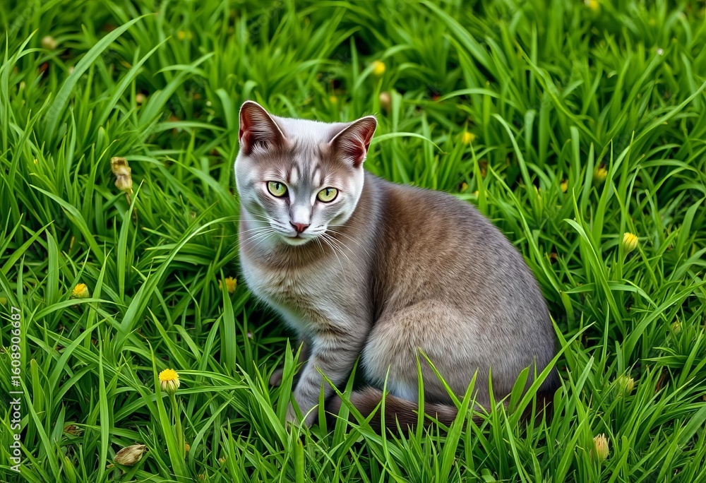 Elegant gray Oriental Shorthair cat sits gracefully on lush green summer grass, eyes, cat Elegant gray Oriental Shorthair cat sits gracefully on lush green summer grass, eyes, cat