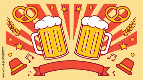 Retro Festive Beer Stein Toast:  Cheerful Cartoon Illustration, Oktoberfest Theme,  Bright Colors,  Fun and Playful Mood.