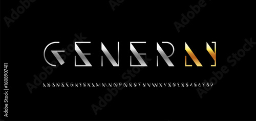 Font golden alphabet, chrome letters A, B, C, D, E, F, G, H, I, J, K, L, M, N, O, P, Q, R, S, T, U, V, W, X, Y, Z and silver numerals 0, 1, 2, 3, 4, 5, 6, 7, 8, 9