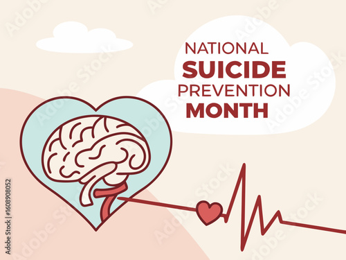 National Suicide Prevention Month illustration with heart brain and heartbeat line for awareness and support campaign
