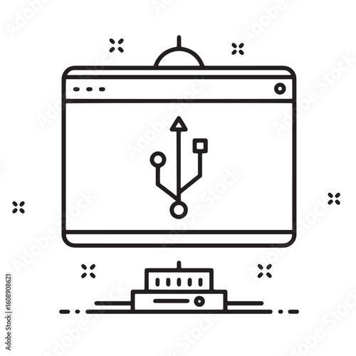 Computer display with usb port connection and a modern minimalistic black line design.