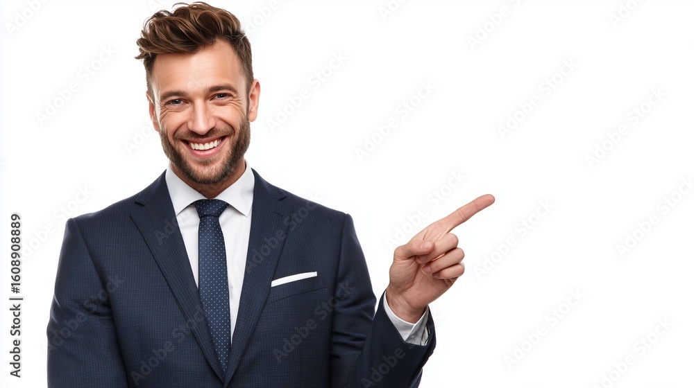 Businessman in suit pointing right with smile – generative AI Businessman in suit pointing right with smile – generative AI