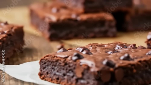 Deliciously rich chocolate brownies with chocolate chips, freshly baked on a wooden table, inviting