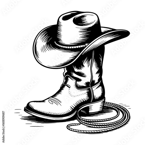 Vector Illustration Frame from rope lasso with cowboy boots and hat in engraving style. Design element for sign, poster, card, banner