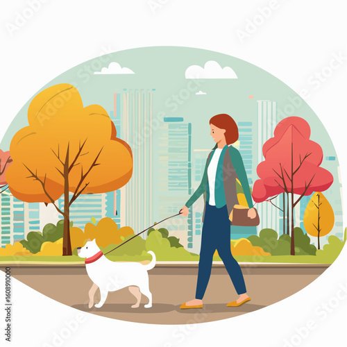 Flat vector illustration of a young woman walking her dog on a leash in a beautiful city park during the autumn season with colorful trees and a cityscape background
