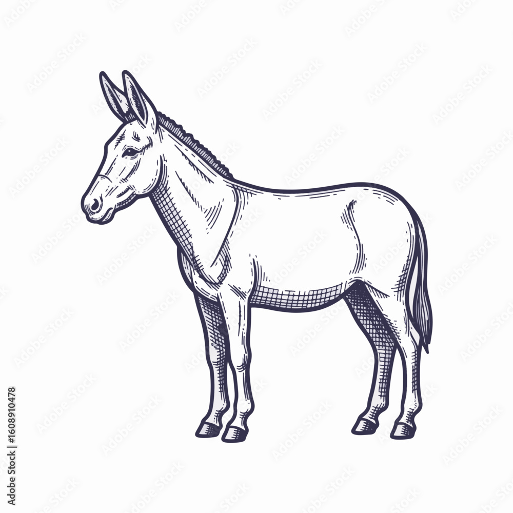 Fototapeta premium Standing donkey drawing on white background, showing domestic animal. Sketch artwork of this donkey illustration, featuring farm animal in side view. This donkey drawing represents simplicity,