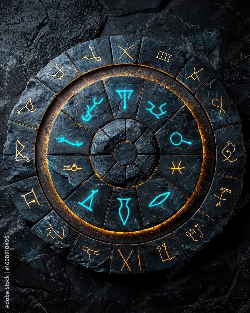 Fototapeta premium Mystical compass with celestial symbols and golden accents on a dark blue stone background.