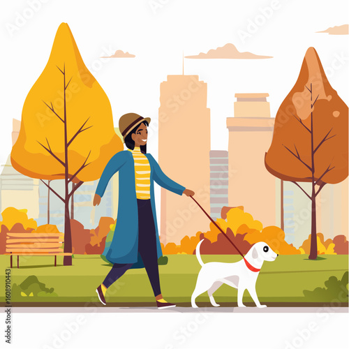 Cheerful woman enjoying a beautiful autumn day while walking her cute dog on a leash in a city park. Flat vector illustration of pet companionship and outdoor leisure