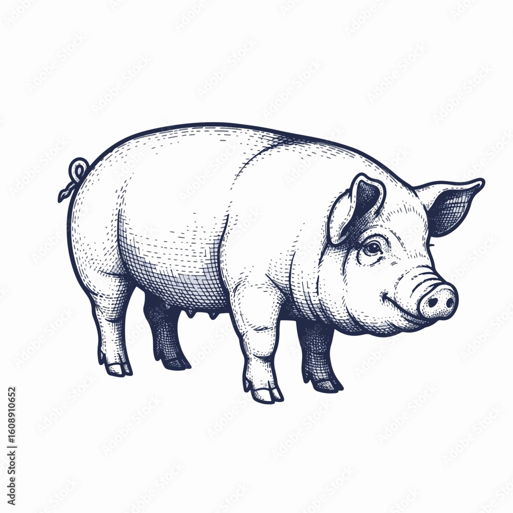 Fototapeta premium Cute pig illustration shows domestic animal with a curly tail and kind smile. Detailed drawing pig illustration brings classic farm animal to life, showcasing its gentle nature.