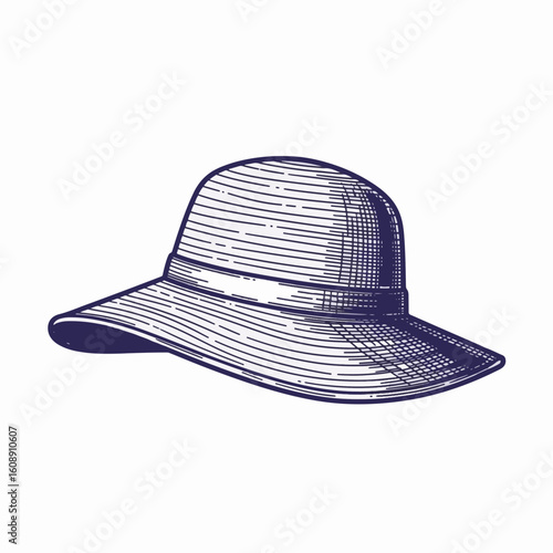 Elegant sun hat illustrated with detailed engraving shows wide brim protection against sunlight. Distinctive sun hat accessory creates a stylish fashion statement.