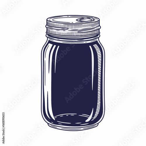 Isolated mason jar illustration with metal lid. Mason jar in retro style, perfect for preserving or canning goods.
