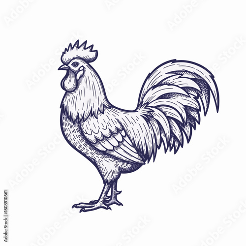 Detailed ink drawing of a rooster, majestic fowl with textured plumage and comb, strutting proudly. Rooster sketch showcases a farmyard icon in classic poultry portrait,