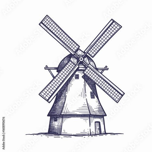 Isolated windmill drawing in detailed sketch style, depicting rural farm. This windmill drawing illustrates old-fashioned architecture, providing a nostalgic look.