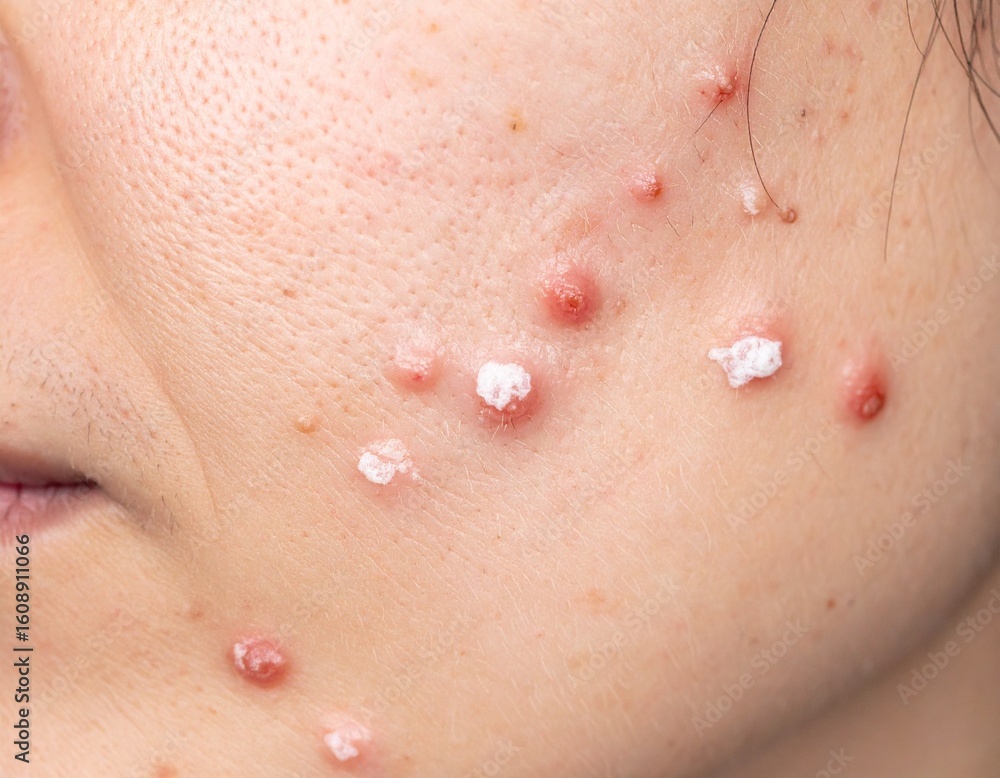 Fototapeta premium Close-up of human skin with multiple red bumps and white spots, showing signs of irritation or dermatological condition. 