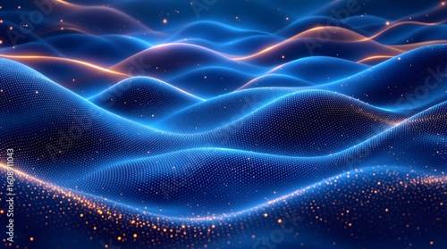 Wallpaper Mural Stunning glowing blue waves with golden light particles create a mesmerizing abstract digital landscape Torontodigital.ca