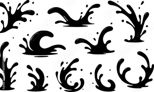 Collection of dynamic black ink splashes and water drops on white background