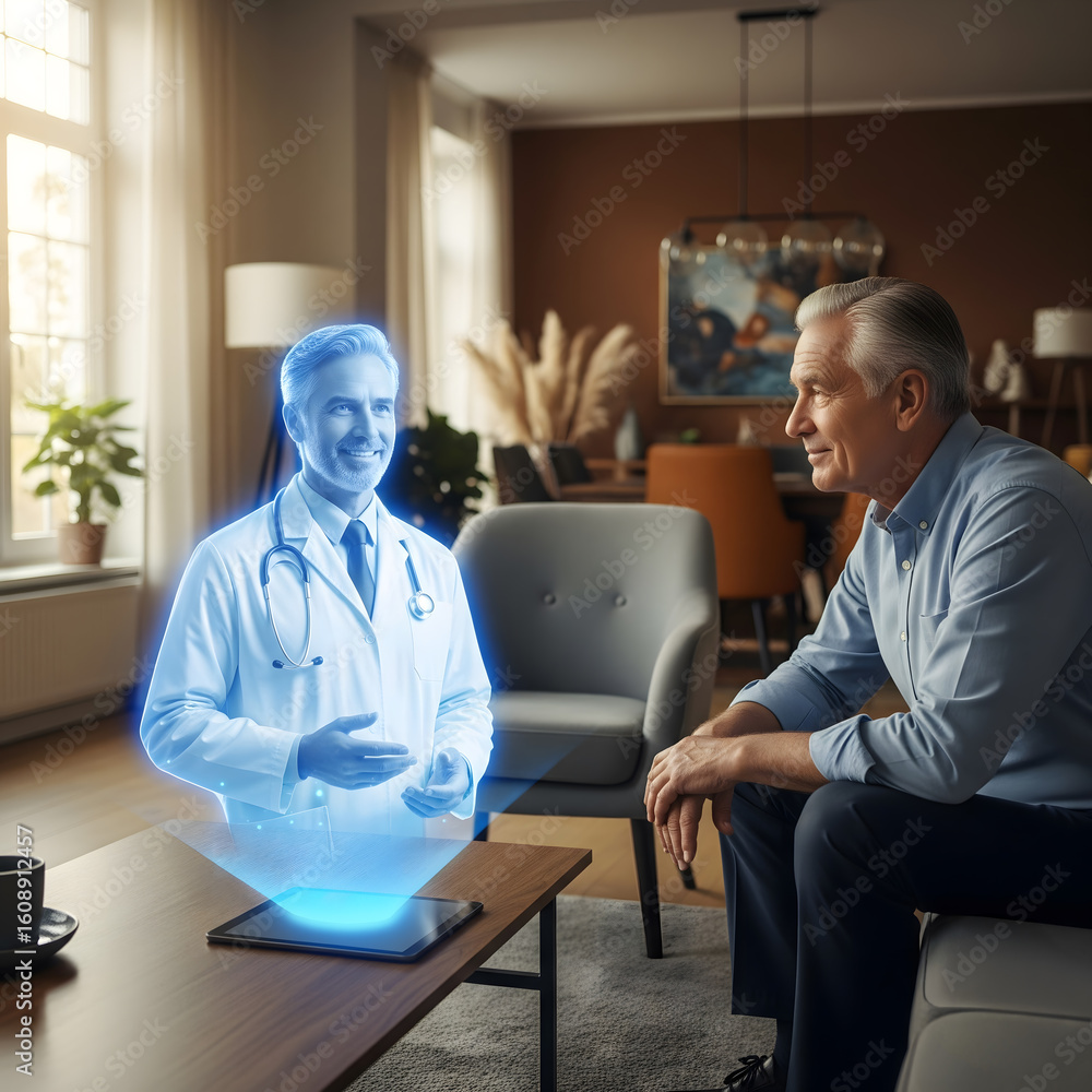 Obraz premium Senior man talking to hologram doctor via digital tablet at home. Futuristic telemedicine and remote healthcare technology concept.