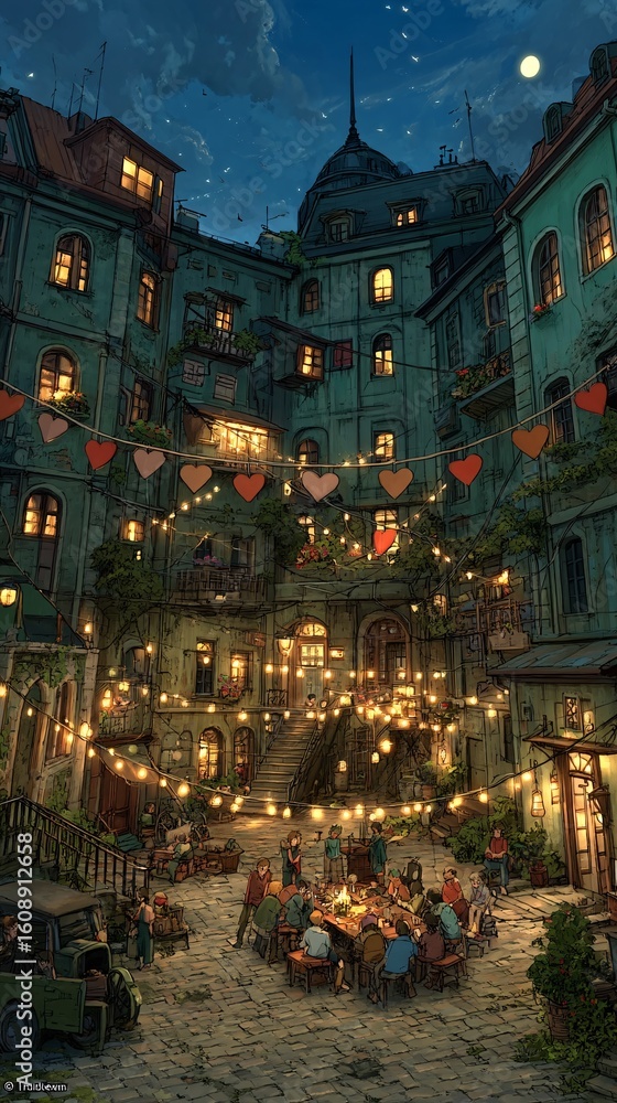 Obraz premium Heartwarming Community Gathering Scene at Night with Soft Lights