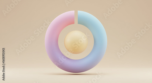 Creative 3D render of a segmented pastel ring surrounding a central sphere, symbolizing wholeness, balance and data.