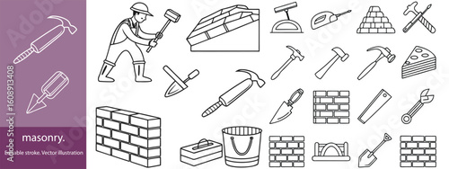 Set of 30 outline icons related to masonry. Linear icon collection. Editable stroke. Vector illustration