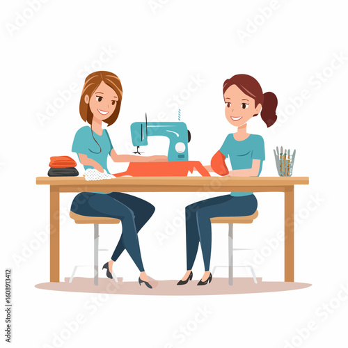 A skilled seamstress teaching a young woman how to use a sewing machine in a creative workshop or masterclass