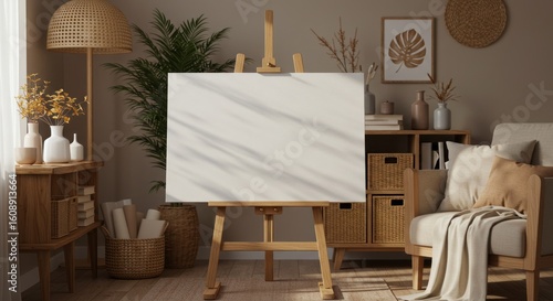 Blank canvas on easel in a sunlit room with armchair and decor