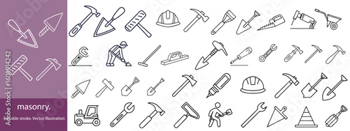 Set of 30 outline icons related to masonry. Linear icon collection. Editable stroke. Vector illustration