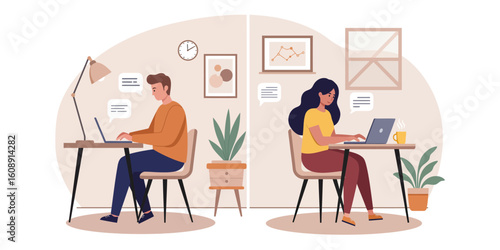 Man and woman working on laptops at desks in separate rooms with plants and artwork illustration flat design