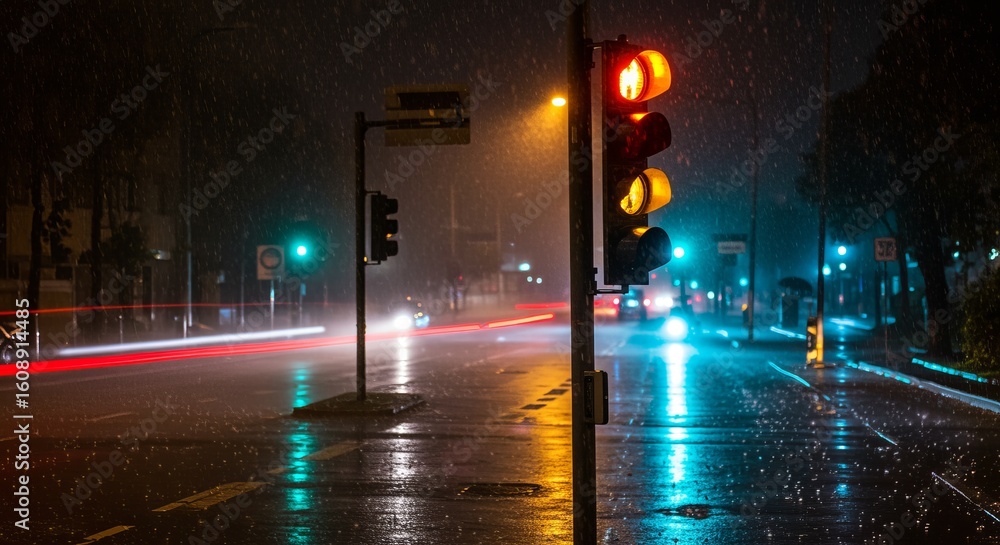 Fototapeta premium Blinking yellow traffic light in rainy night cityscape with reflections and umbrellas in background
