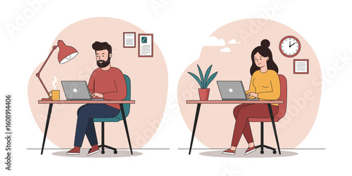 Man and woman working on laptops at desks with office decor and plants vector