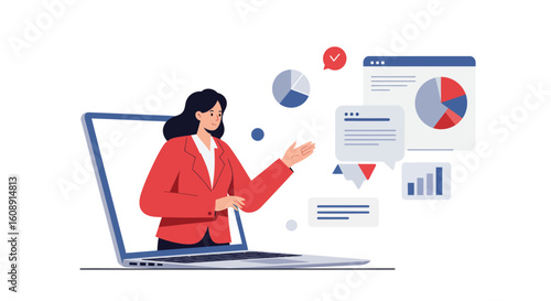 Flat illustration of a woman on suit pop out from laptop while doing presentation with infographic floating on air