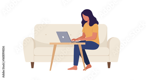 Flat illustration of a woman sitting on sofa, working with laptop at home, white background