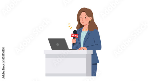 Flat illustration of a woman as a news broadcaster, white background