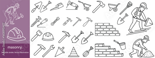 Set of 30 outline icons related to masonry. Linear icon collection. Editable stroke. Vector illustration