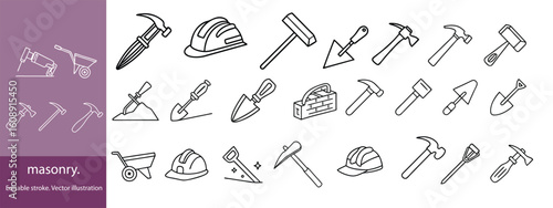 Set of 30 outline icons related to masonry. Linear icon collection. Editable stroke. Vector illustration
