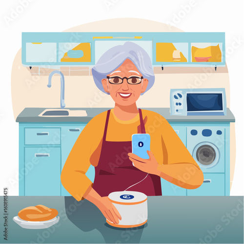 Modern grandmother enjoying smart home technology, connecting her phone to a voice assistant in the kitchen for a connected lifestyle