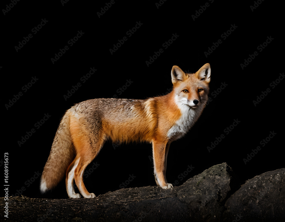 Fototapeta premium A solitary swift fox stands tall against a stark black background, embodying the fierce and cunning spirit of the Canis family and also evoking a sense of wild beauty. red fox vulpes 4 years old.
