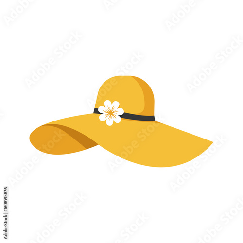 Flat yellow sun hat with flower accessory ideal for summer fashion beach outfit travel essentials or seasonal clothing vector illustrations

