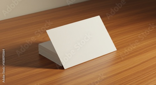 Blank white card on a stack of cards on a wooden surface