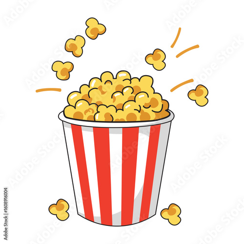 Flat style popcorn bucket with yellow kernels flying ideal for movie night snack food packaging cinema themes or entertainment vector illustrations

