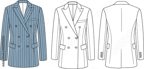 Classic double breasted blazer front and back view, striped fashion flat sketch, formal tailored suit jacket vector template for menswear

 flat vector illustration