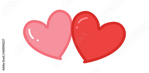 Two glossy red hearts touching side by side ideal for romantic relationships Valentine themes or couple celebration flat vector design

