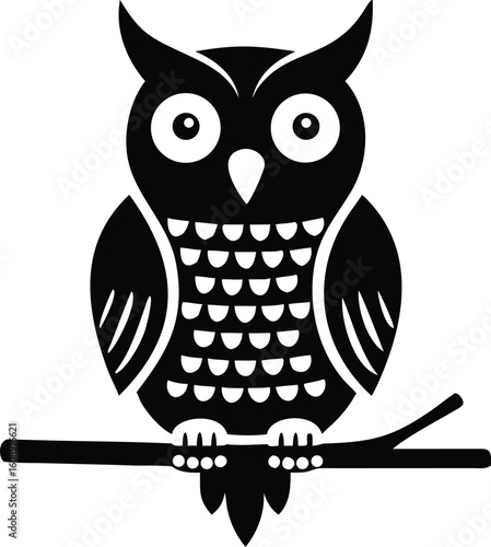 Cute brown cartoon owl with big eyes on a tree branch, a wise nocturnal bird illustration for nature and wildlife designs