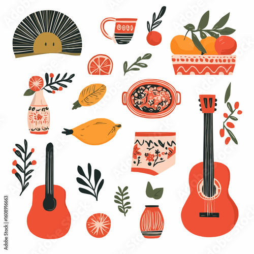 Flat Spanish cultural elements designed for travel-themed decor, printable souvenirs and editorial assets about Mediterranean life
